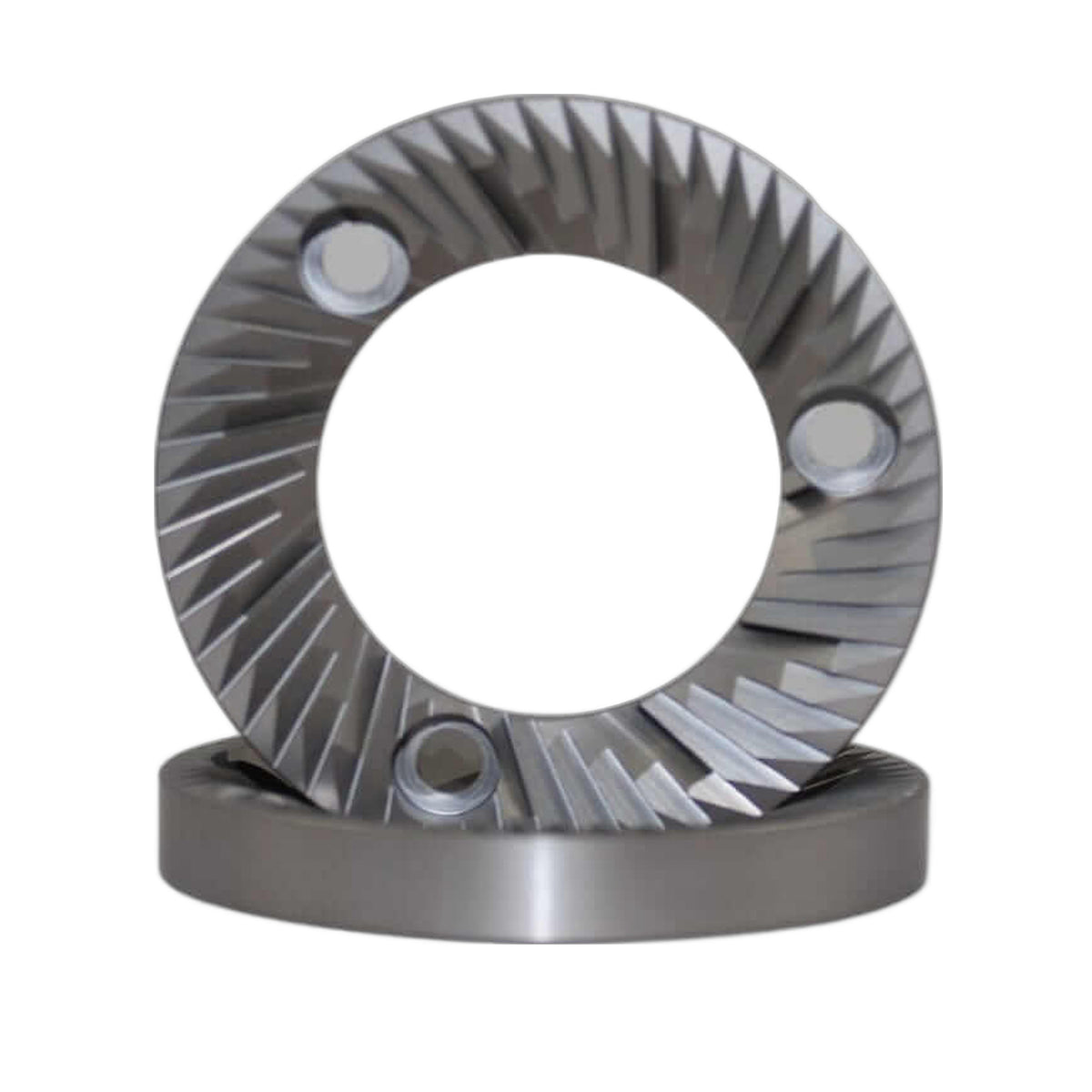 SSP 64mm Flat Burrs in silver knight, front view