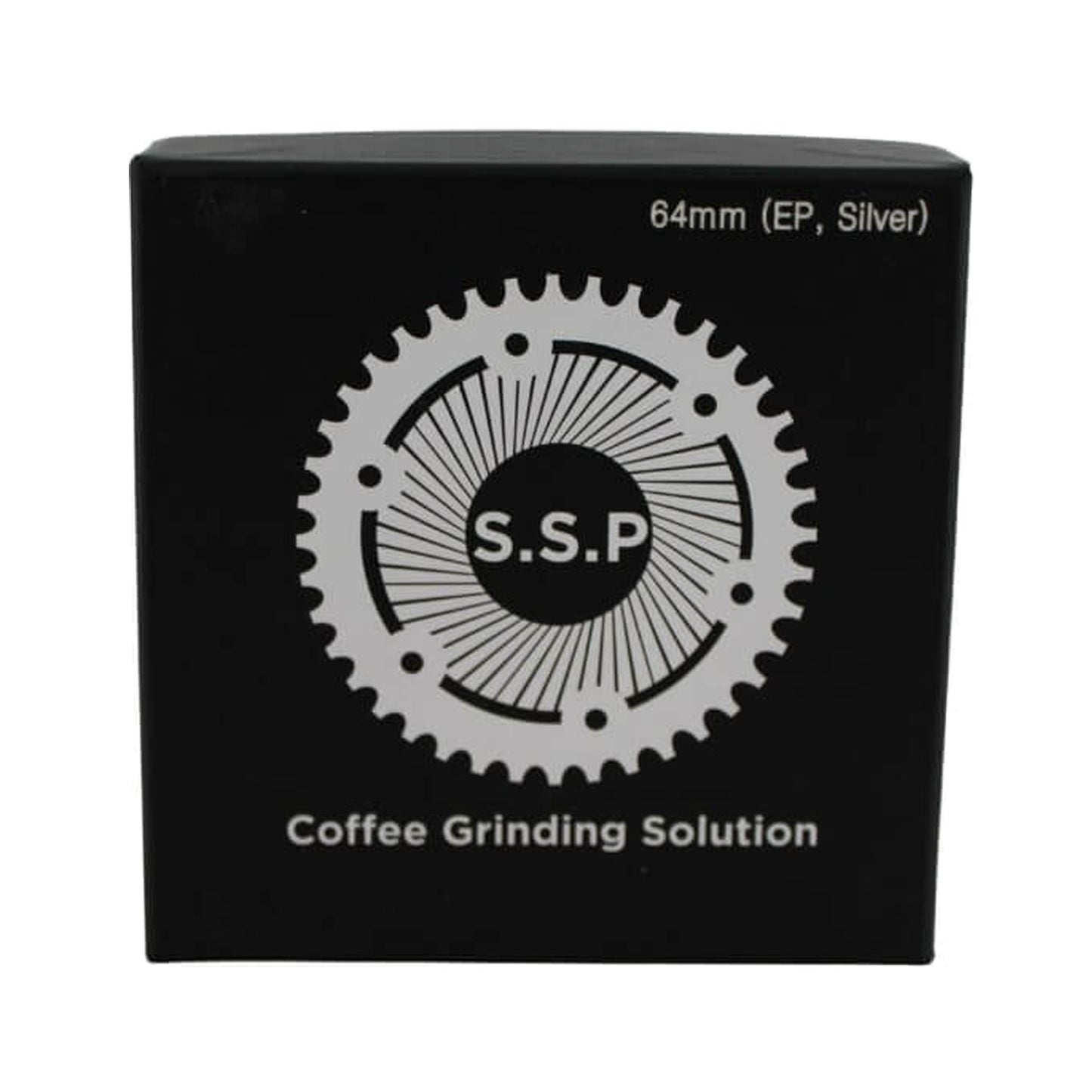 SSP 64mm Flat Burrs in silver knight, retail packaging