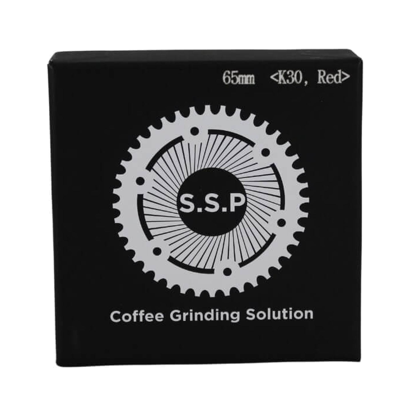 SSP 65mm Flat Burrs in red speed, retail packaging