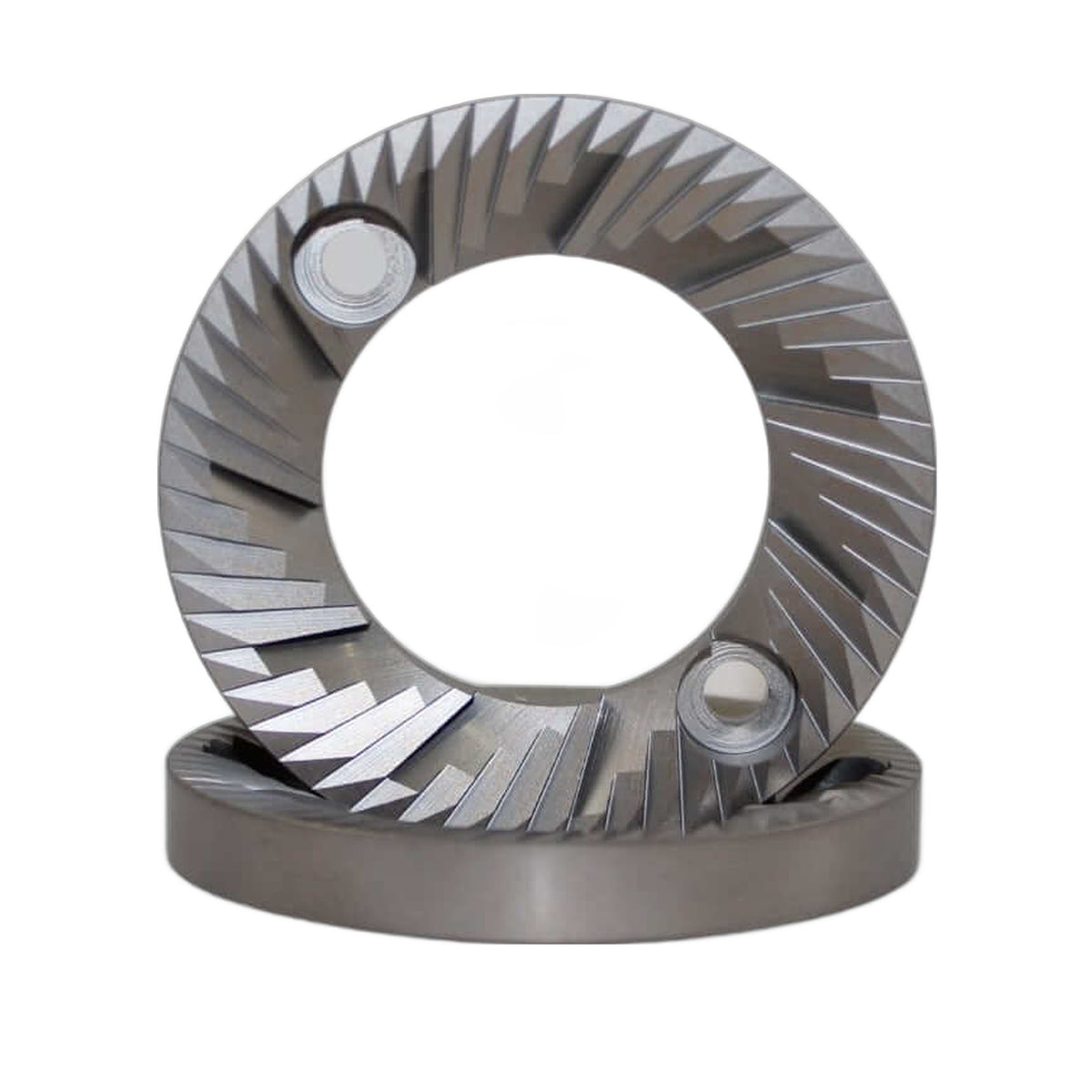 SSP 65mm Flat Burrs in silver knight, front view
