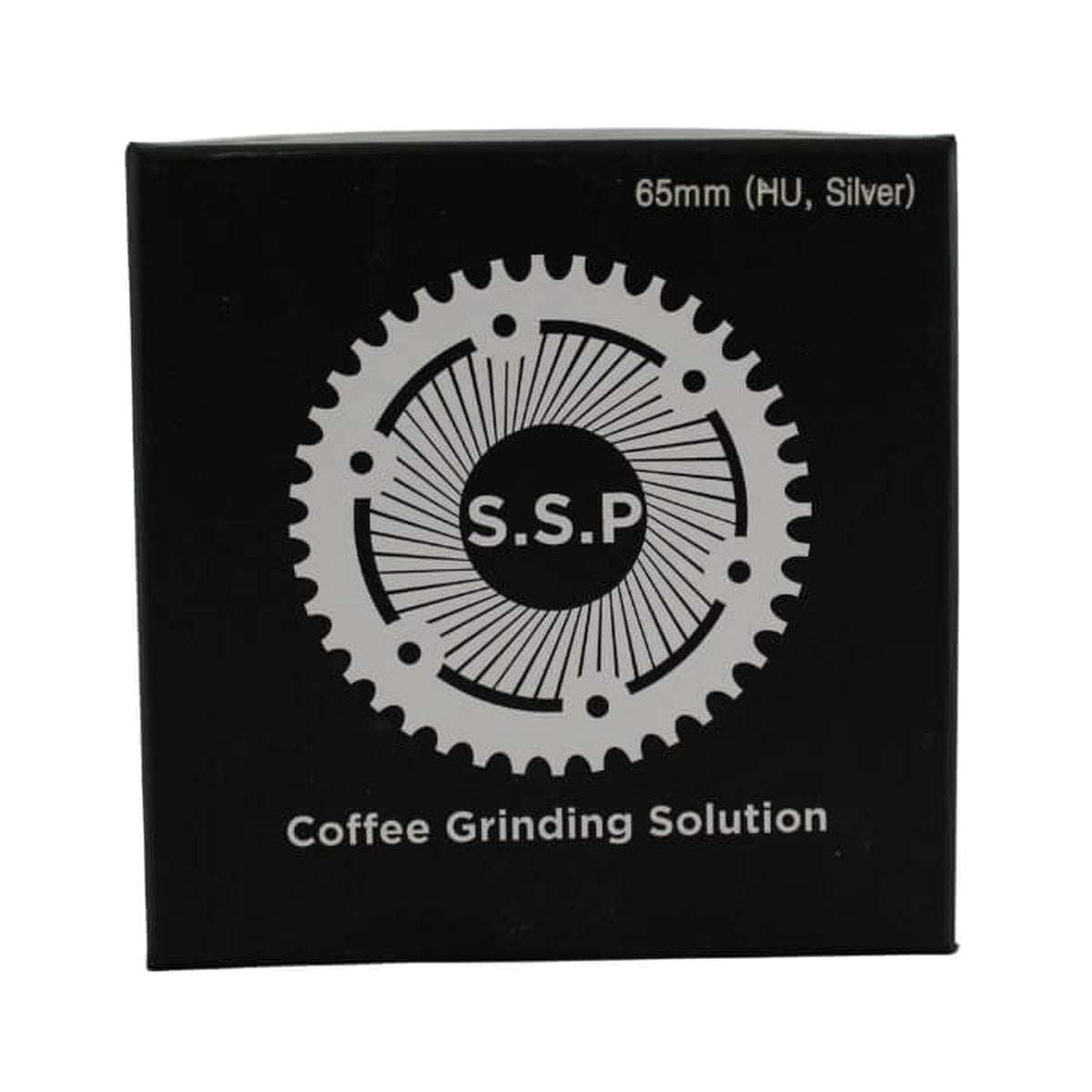 SSP 65mm Flat Burrs in silver knight, retail packaging