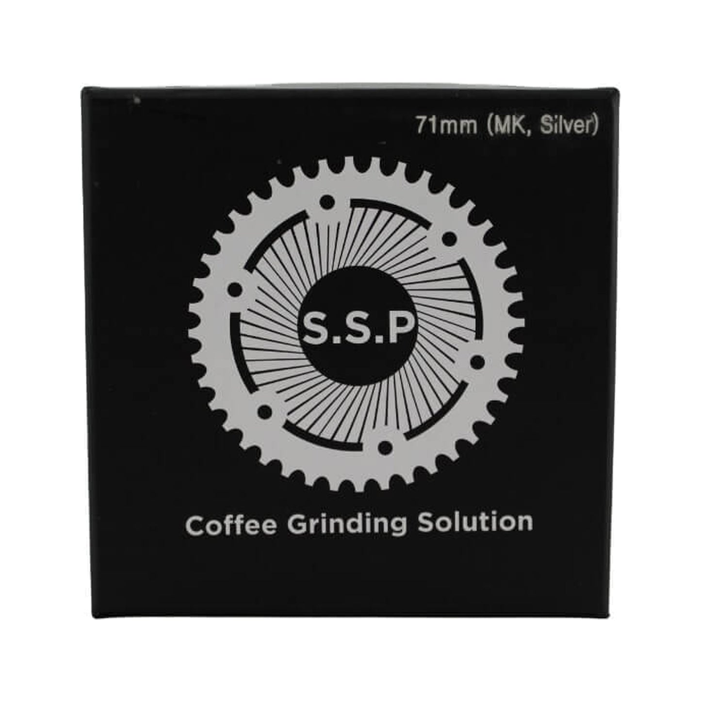 SSP 71mm Flat Burrs in silver knight, retail packaging
