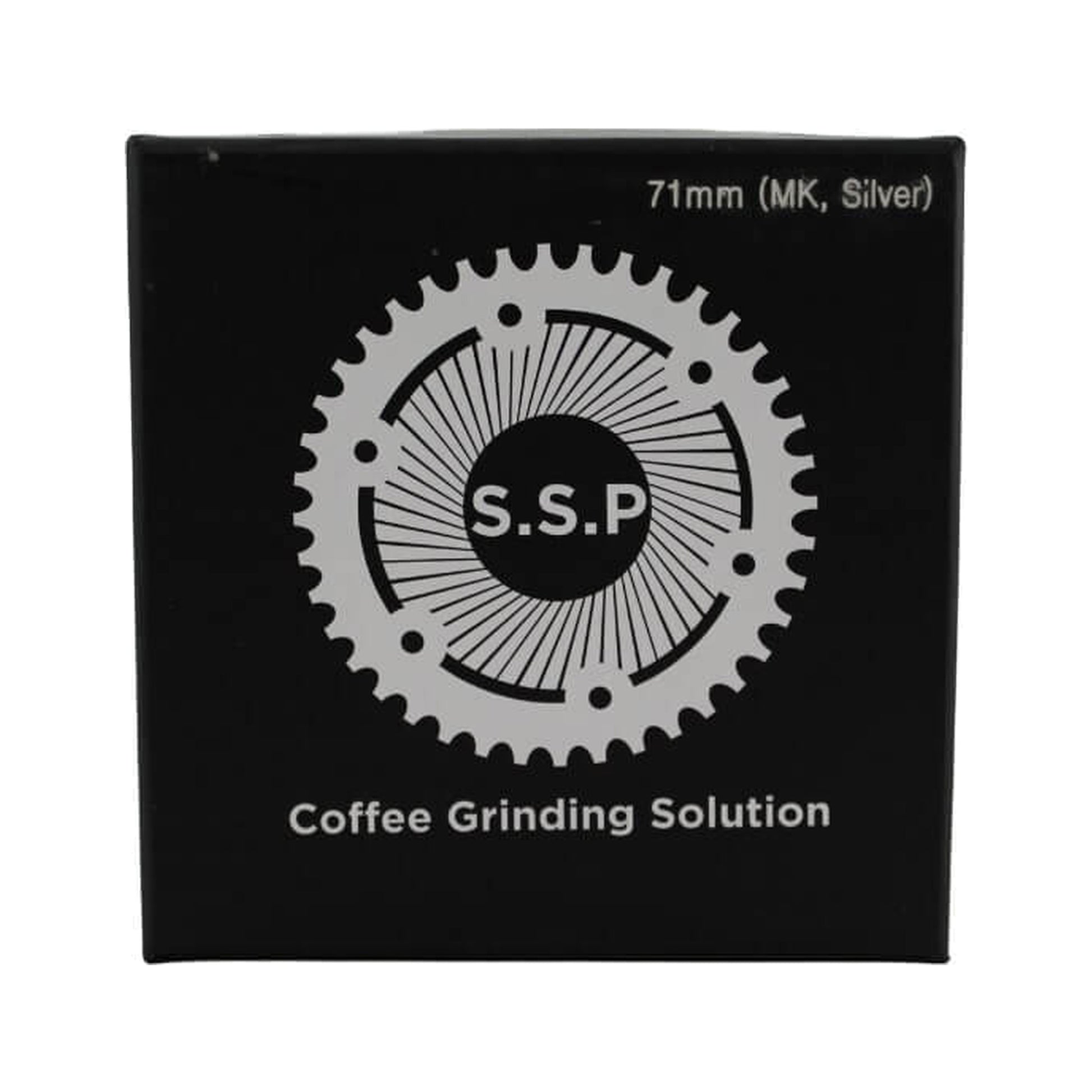 SSP 71mm Flat Burrs in silver knight, retail packaging