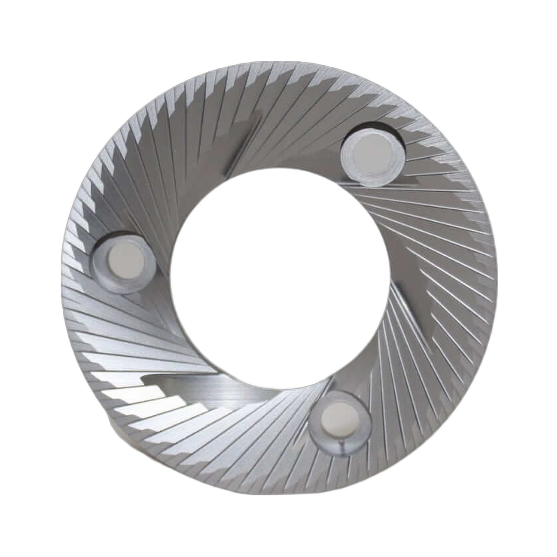 SSP 73mm Flat Burrs in silver knight, front view