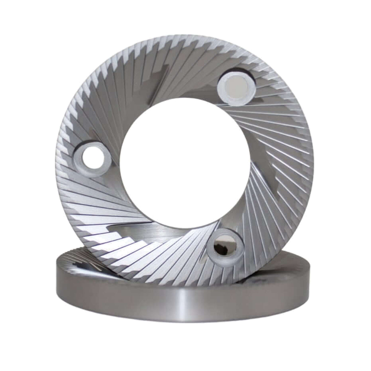 SSP 73mm Flat Burrs in silver knight, pair three-quarter view