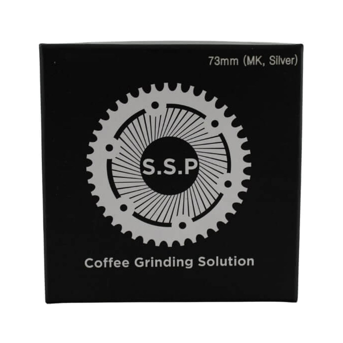 SSP 73mm Flat Burrs in silver knight, retail packaging