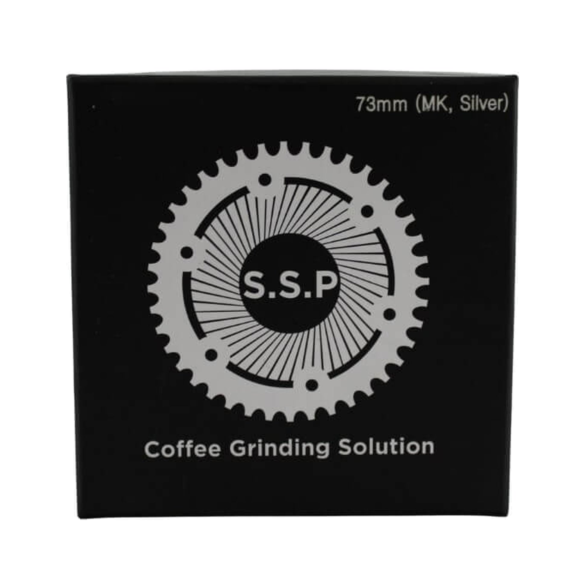 SSP 73mm Flat Burrs in silver knight, retail packaging