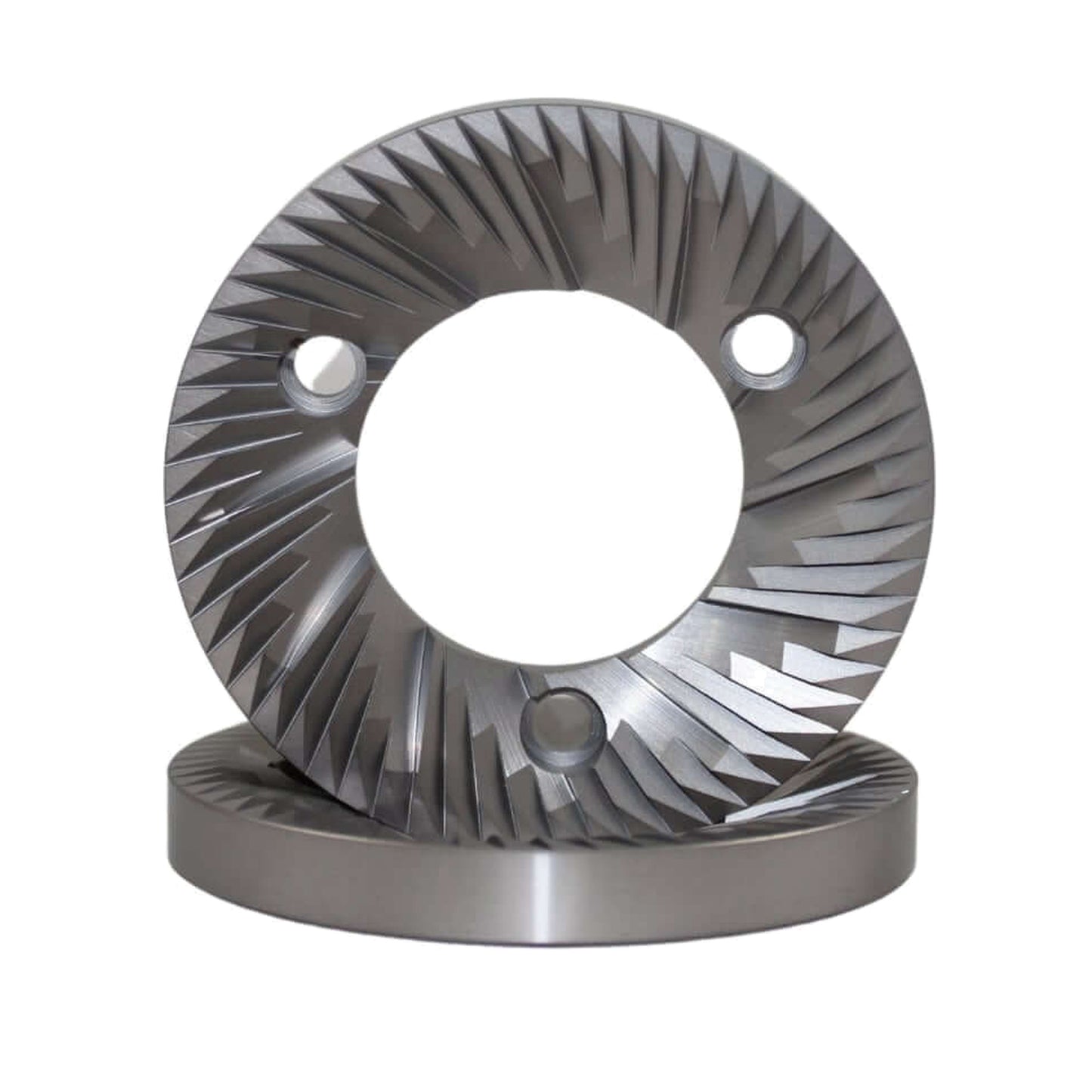 SSP 74mm Flat Burrs in silver knight, pair three-quarter view