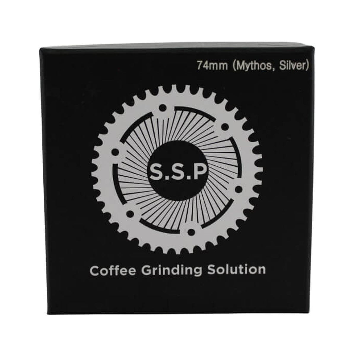 SSP 74mm Flat Burrs in silver knight, retail packaging