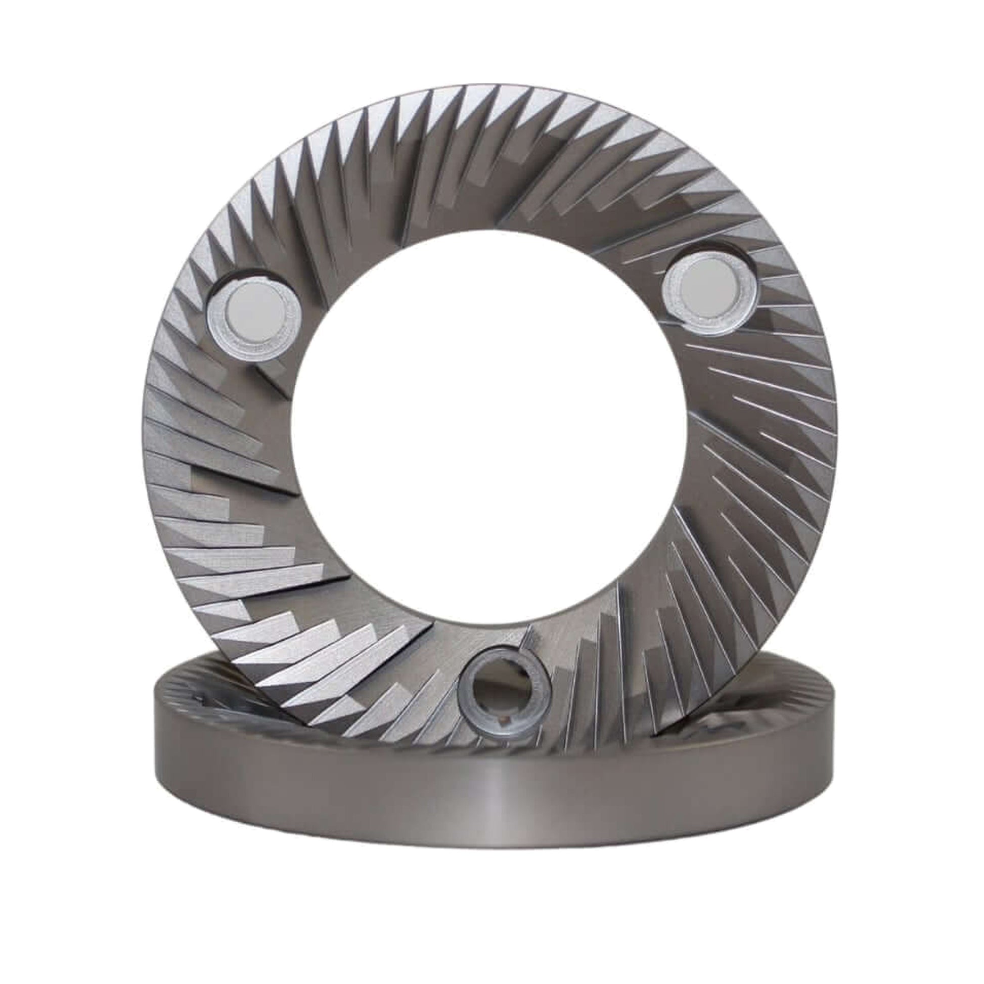 SSP 75mm Flat Burrs in silver knight, pair three-quarter view