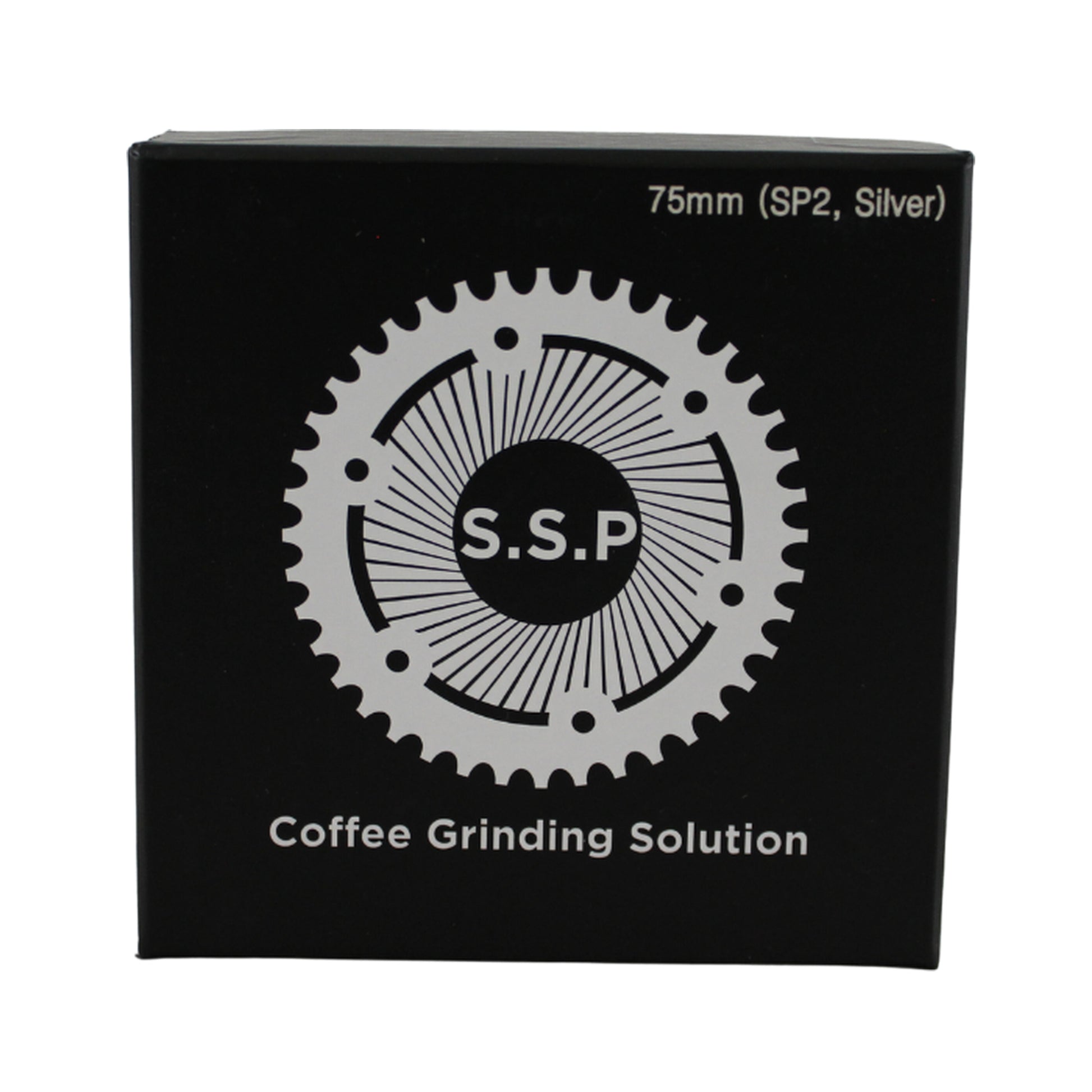 SSP 75mm Flat Burrs in silver knight, retail packaging