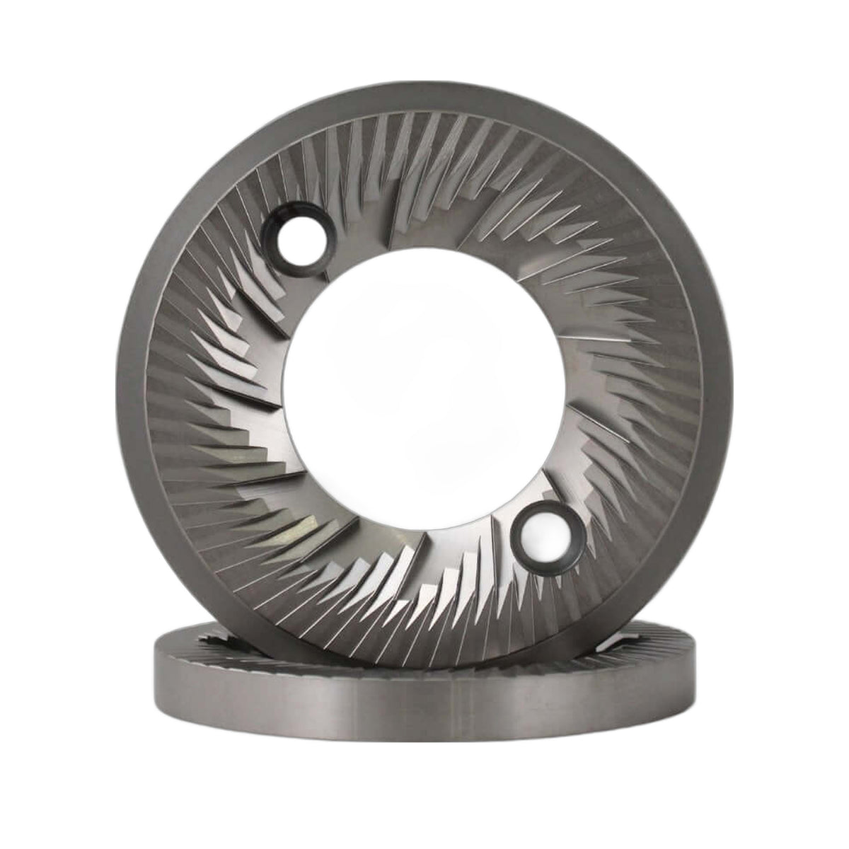 SSP 80mm Flat Burrs in silver knight, front view