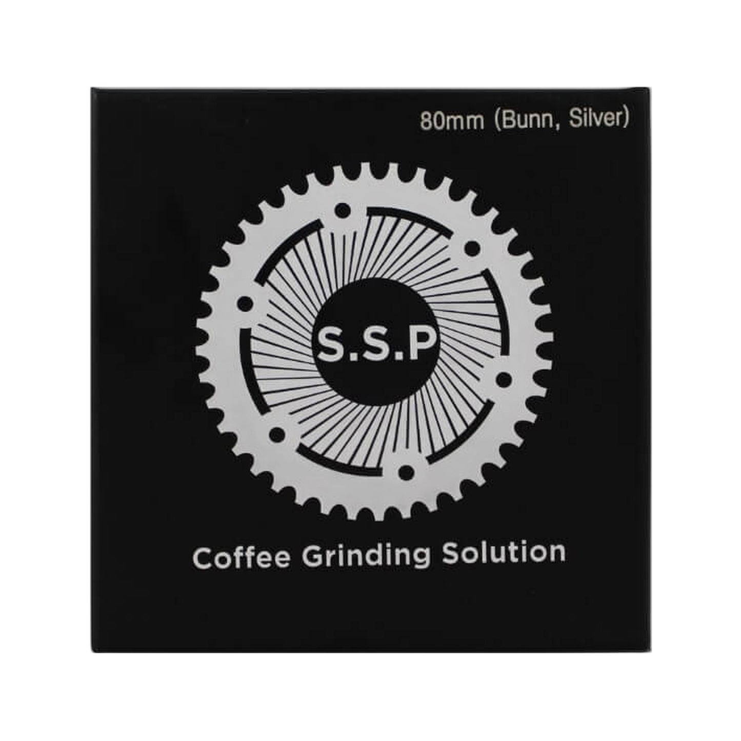 SSP 80mm Flat Burrs in silver knight, retail packaging