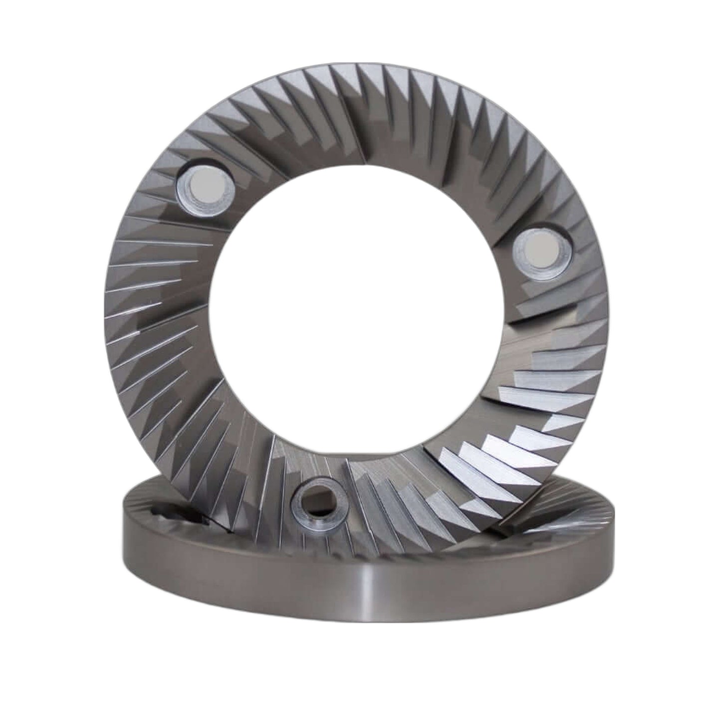 SSP 83mm Flat Burrs in silver knight, pair three-quarter view