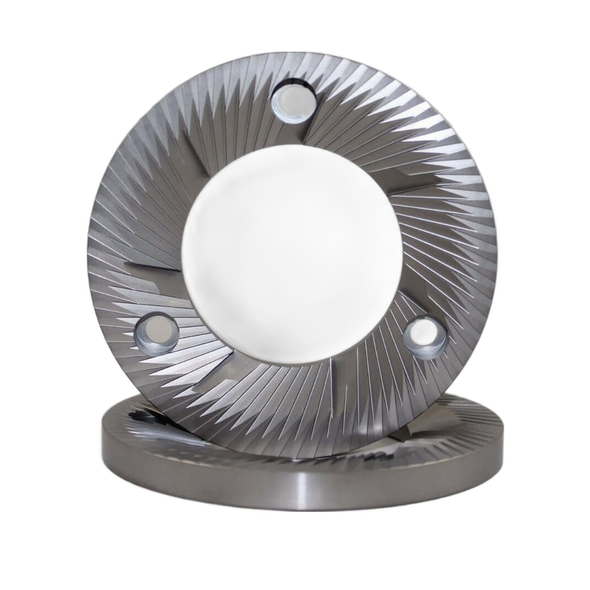 SSP 98mm Flat Burrs in silver knight, pair three-quarter view