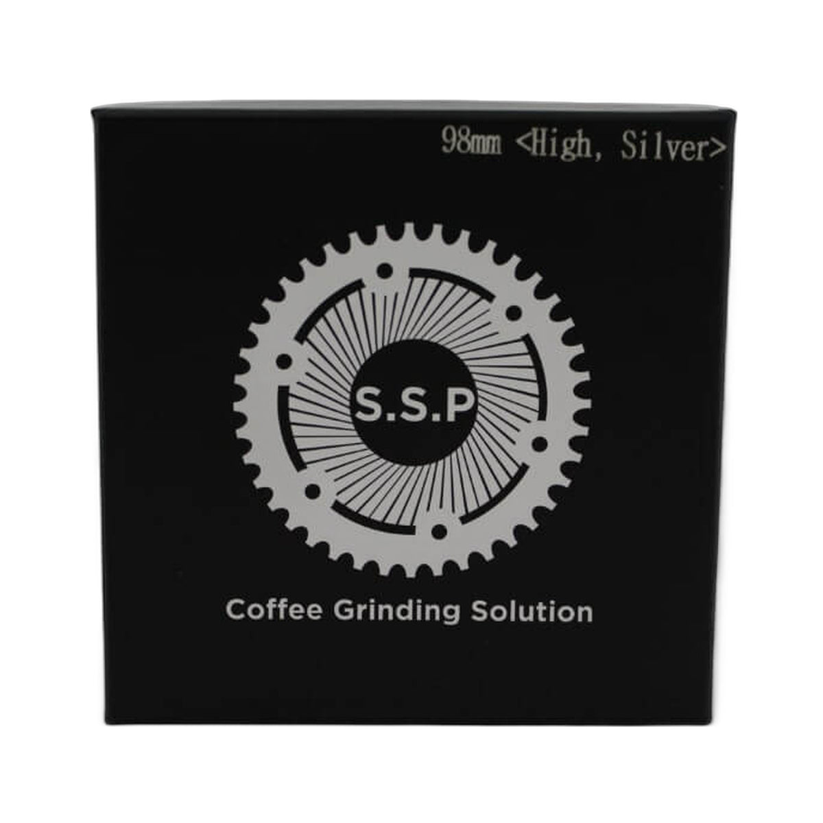 SSP 98mm Flat Burrs in silver knight, retail packaging