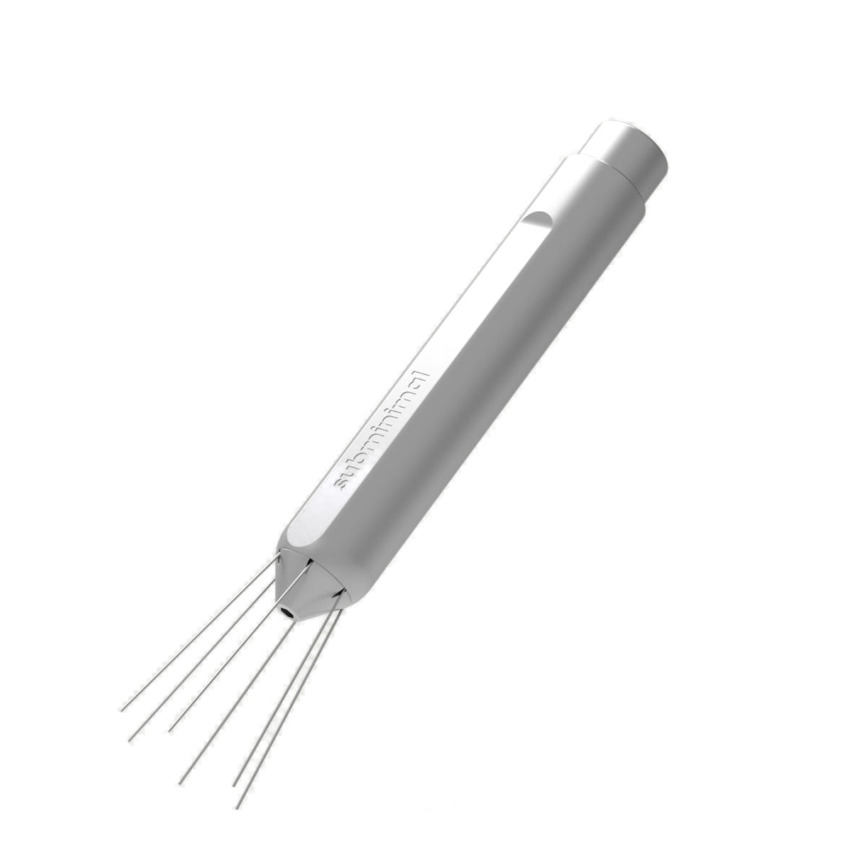 Subminimal Flick WDT tool in silver, angled with its needles extended