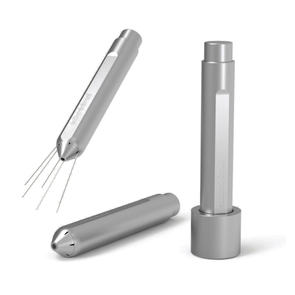 Subminimal Flick WDT tool in silver, shown open, closed and standing in its base