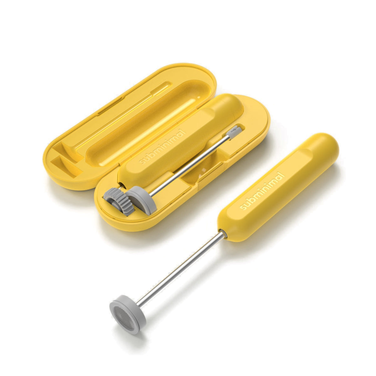 Subminimal NanoFoamer GO in pollen with its matching open carry case and impellers
