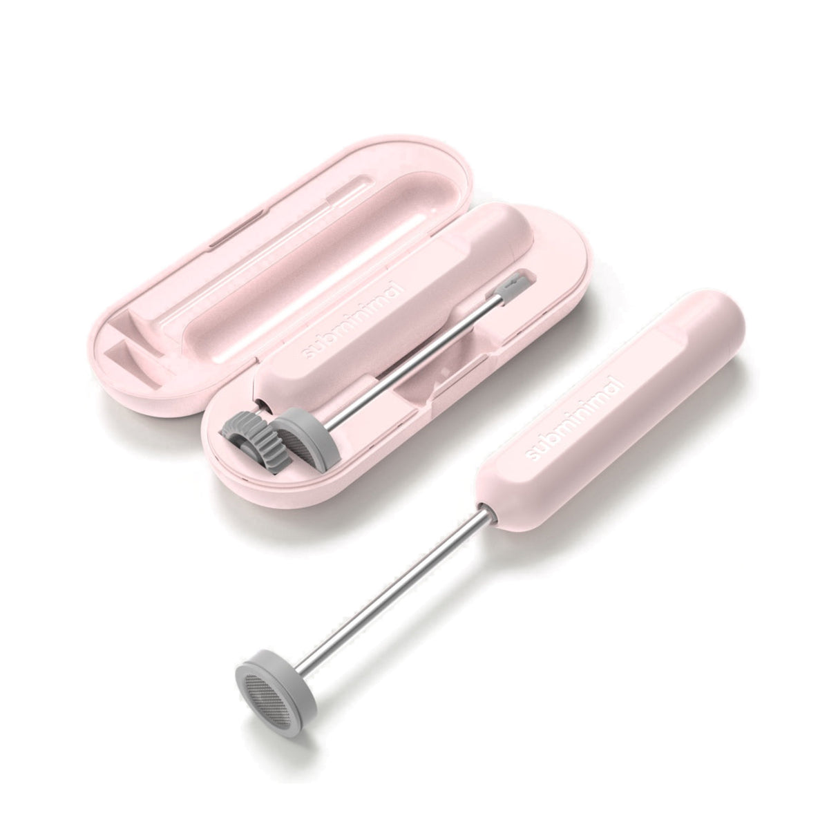 Subminimal NanoFoamer GO in rose with its matching open carry case and impellers