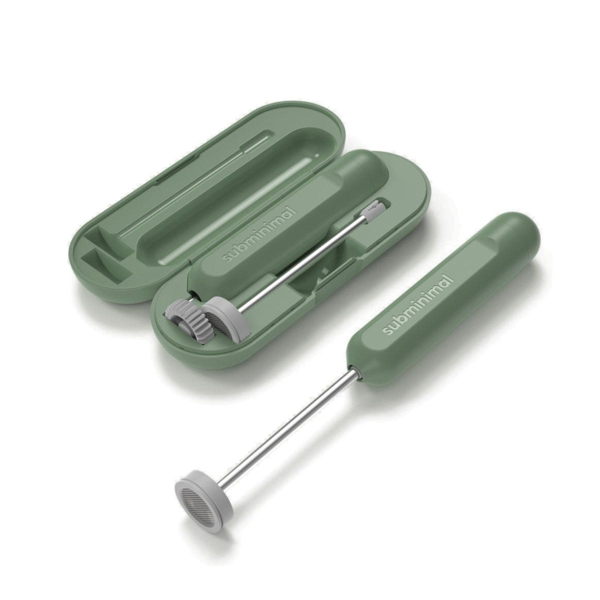 Subminimal NanoFoamer GO in sage with its matching open carry case and impellers