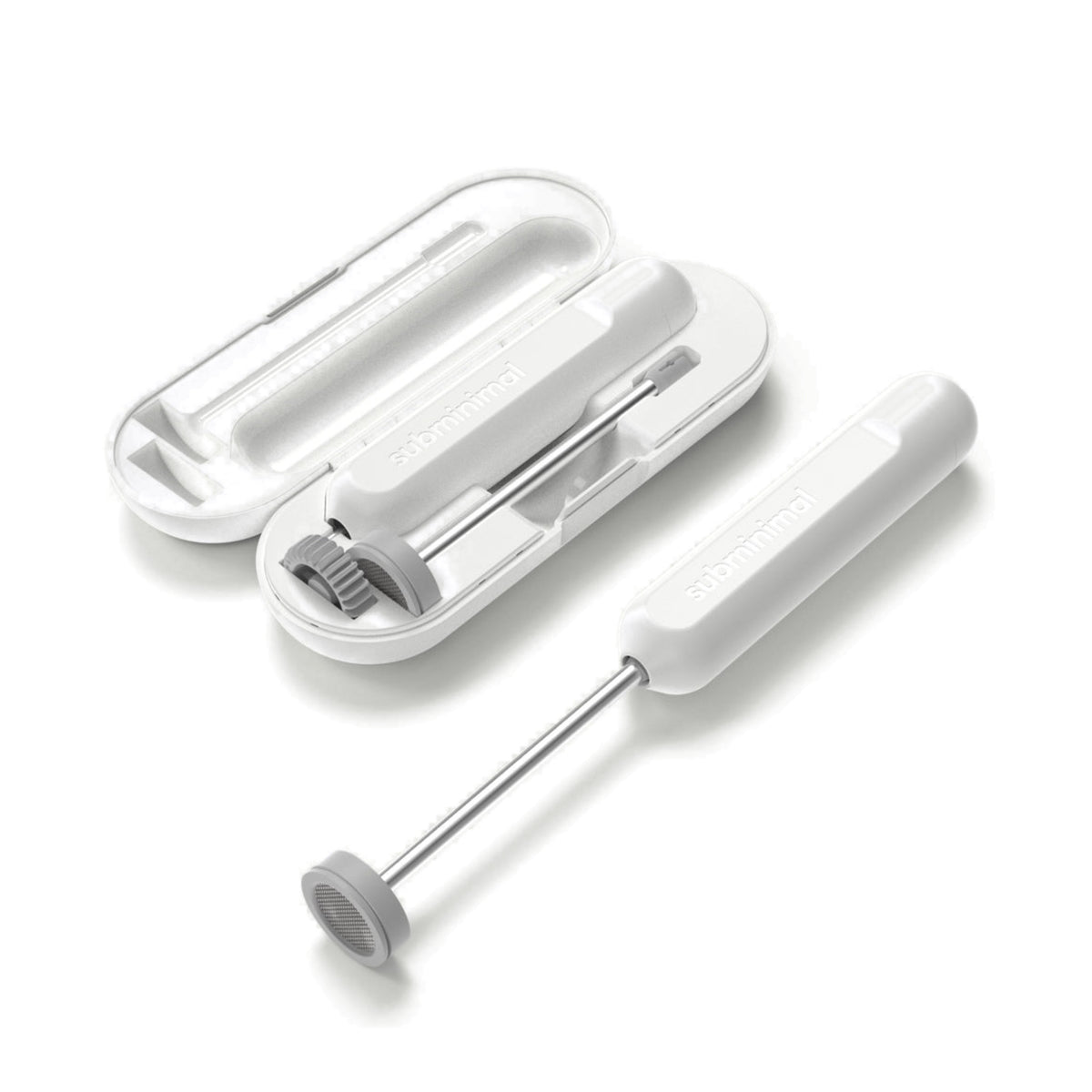 Subminimal NanoFoamer GO in white with its matching open carry case and impellers